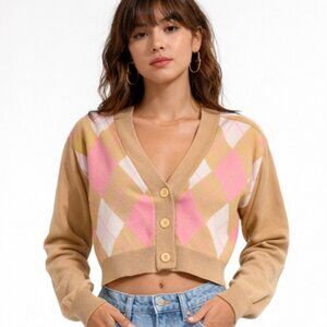 Nikka K Cardigan Cropped Argyle  Y2K Preppy Tennis Soft Comfy Tan Pink White XS